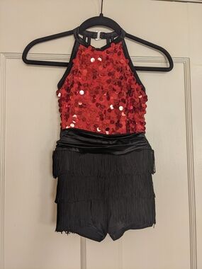 Weissman Biketard Red Sequin  Black Fringe Shorts. Kids Dance Costume.